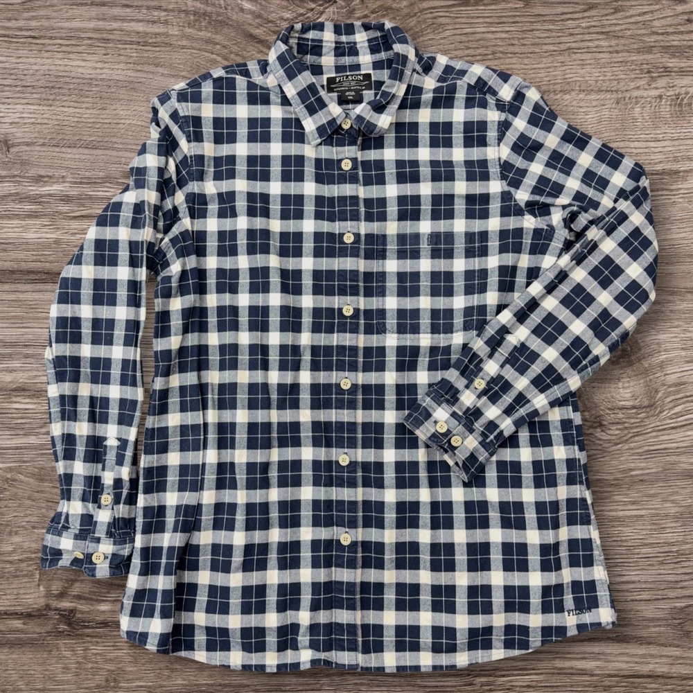 Filson Heavyweight Plaid Flannel Shirt Womens XXL Navy White Cotton Outdoor